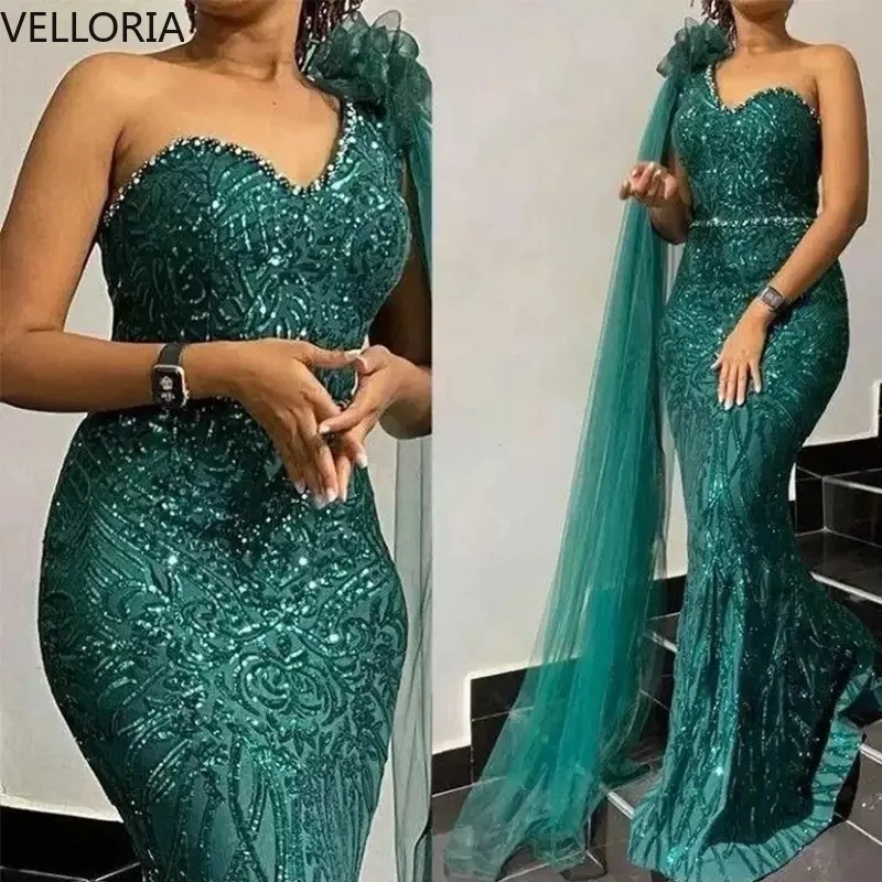 Green African Woman Evening Dress Elegant Mermaid One Shoulder Beaded Formal Occasion Dress Floor Length Party Gown Customized