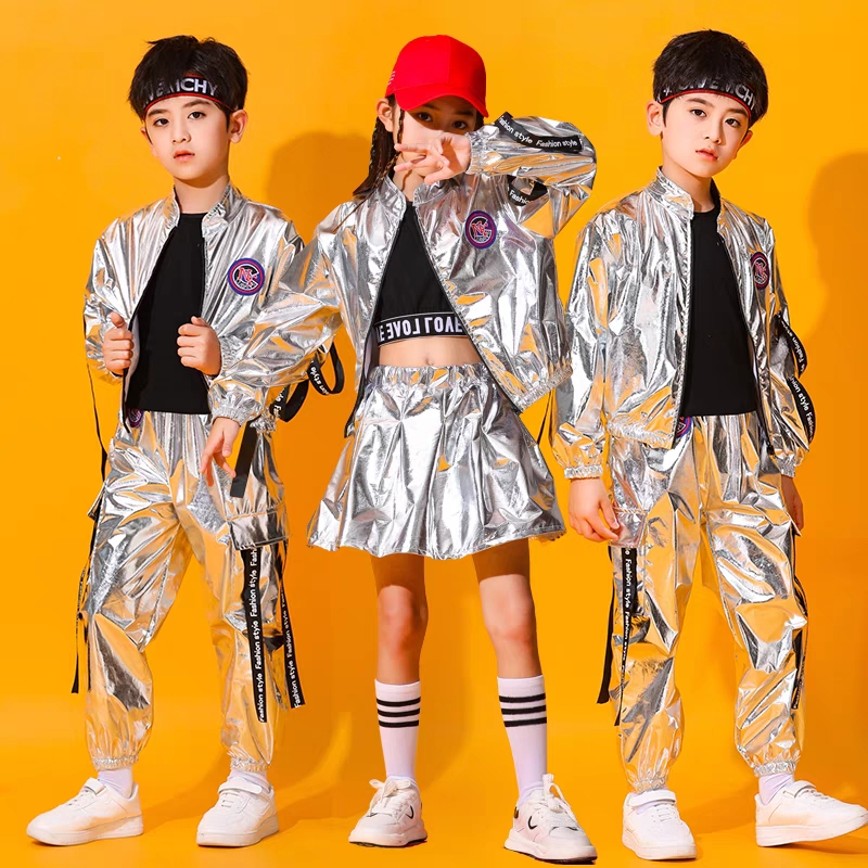 ヒップホップボーイズシルバージャケットガールズジャズジョガーパンツストリートダンスミニスカート服セット子供スパンコール衣装子供ストリート