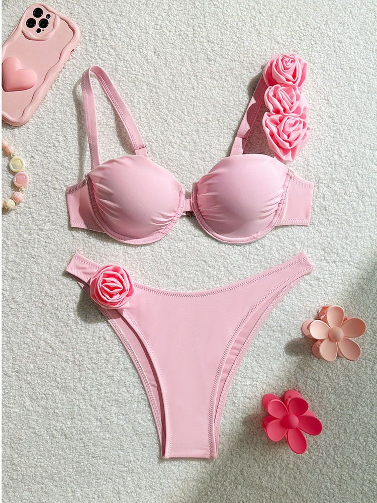 2026 新しいセクシーなソリッドカラーの花柄アンダーワイヤープッシュアップ女性のビキニセット女性の夏のビーチでの休暇水着