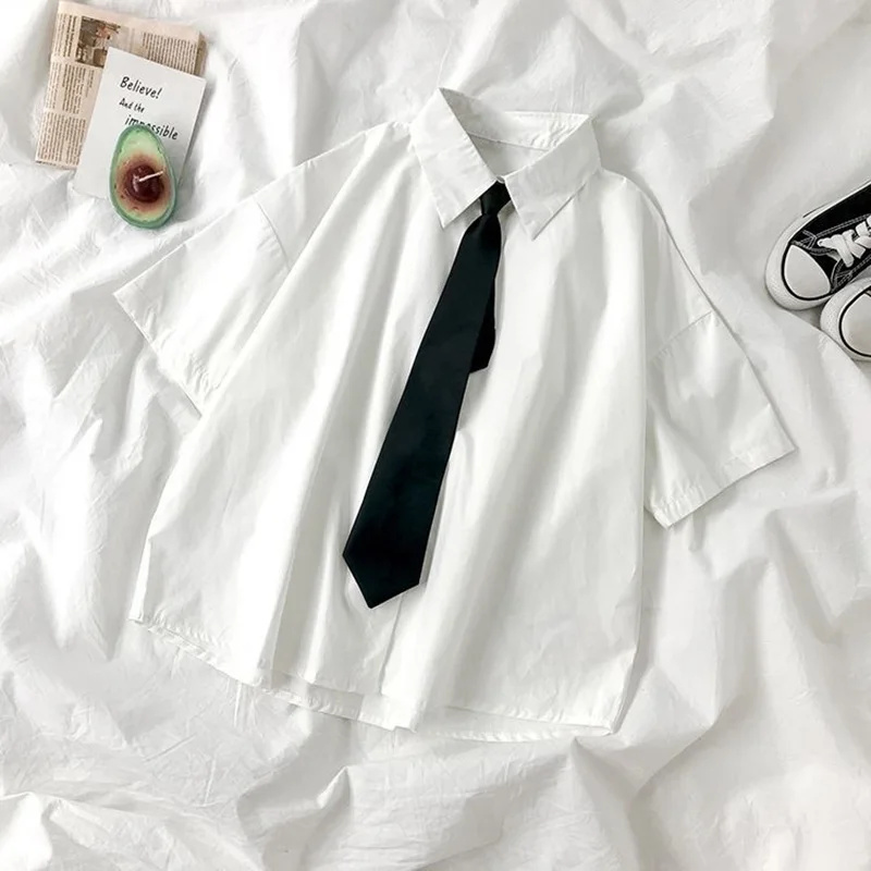 白シャツ女性 Blusa 半袖ラペルブラウスネクタイ日本のファッション学生夏デイリーカレッジスタイルトップ