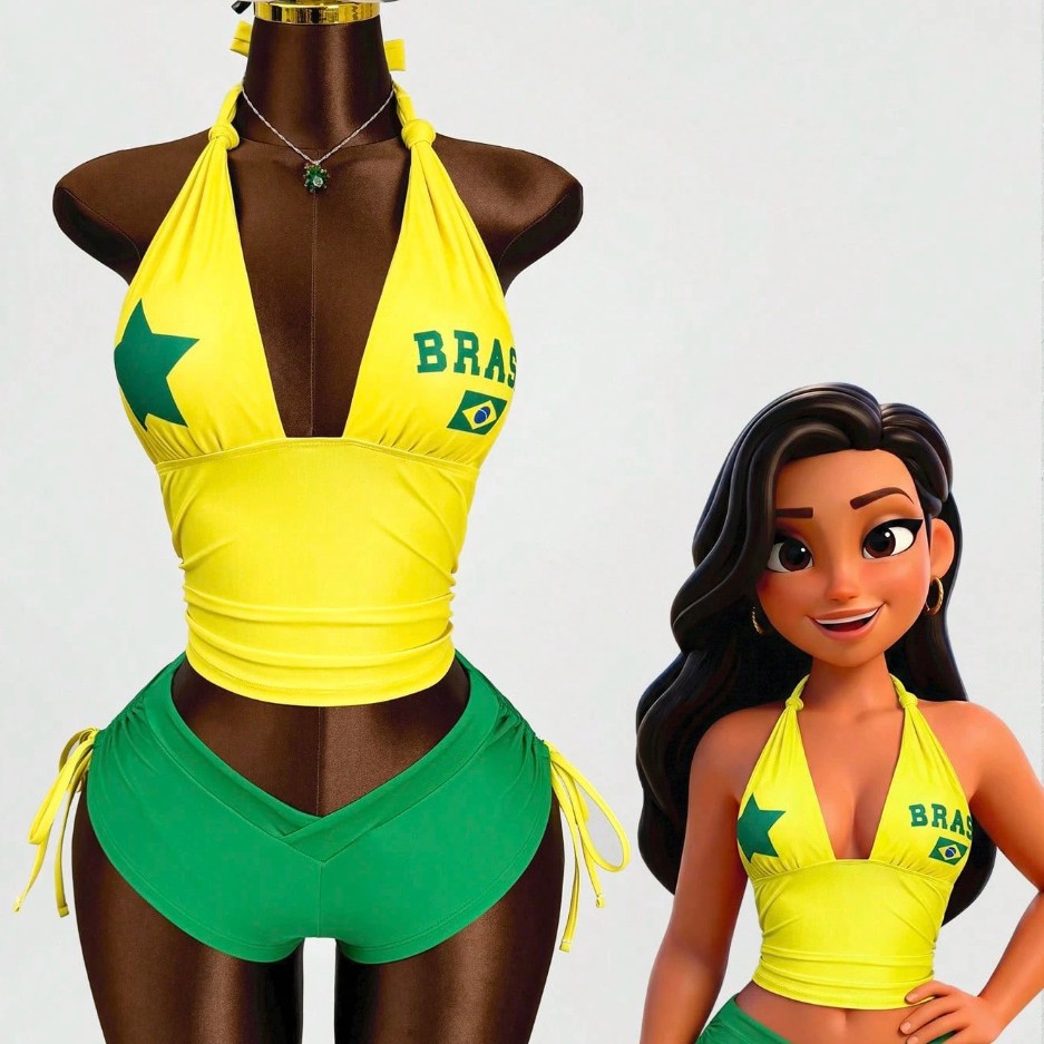 女性ブラジル国旗プリントビキニ 2 ピース衣装イエローホルターシャーリングクロップトップグリーンサイド巾着ショーツ Y2K ビーチバケーションセット