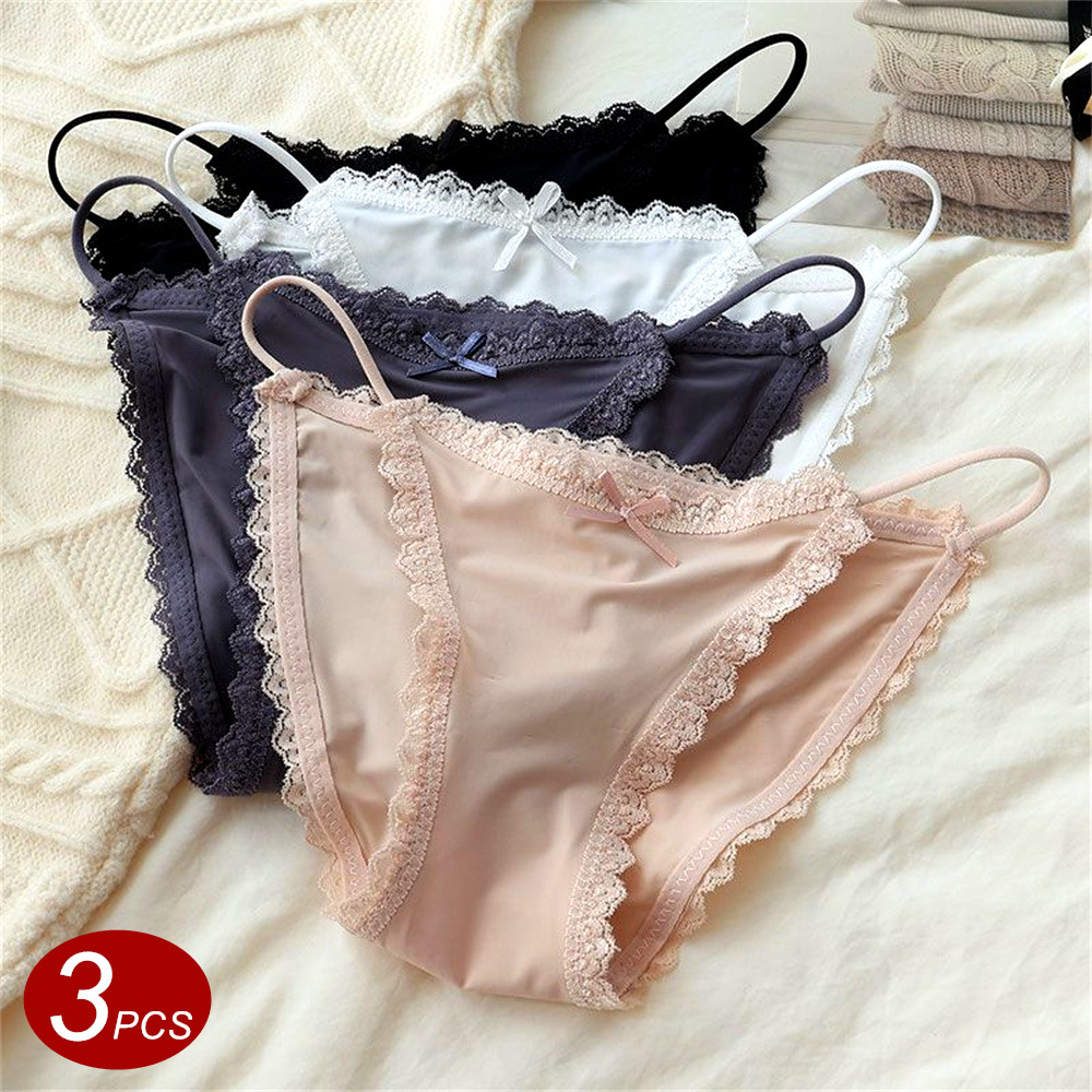 3 個ストラップアイスシルク下着女性のセクシーな薄型通気性レースブリーフ綿股中層女性のパンティー