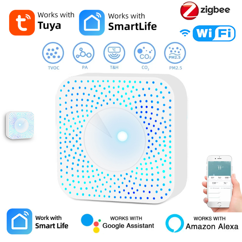 Tuya ZigBee/WiFi 空気品質検出器 PM2.5 ホルムアルデヒド VOC CO2 温度湿度 6in1 スマート エアボックス センサー Alexa Google 経由