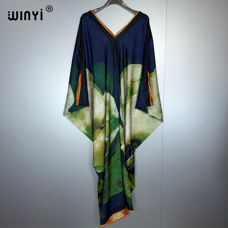 WINYI High Quality maxi kaftan Boho Print V-neck long dress Women Evening party Caftan abaya muslim woman abaya dubai luxury