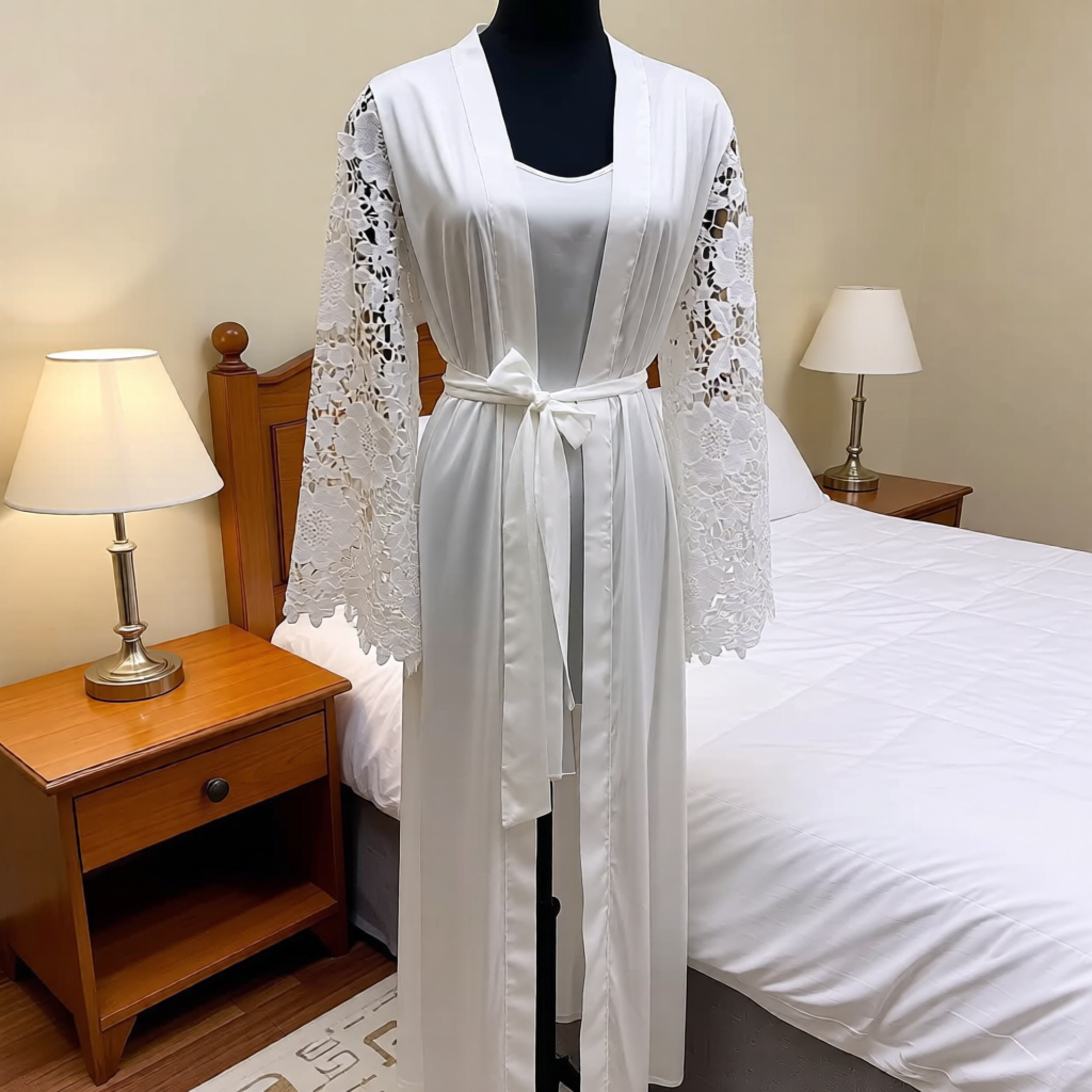 豪華なロングシルクウェディングローブブライダルサテン着物ロータス刺繍袖付き白い私室ローブスタイリッシュなドレッシングガウンne