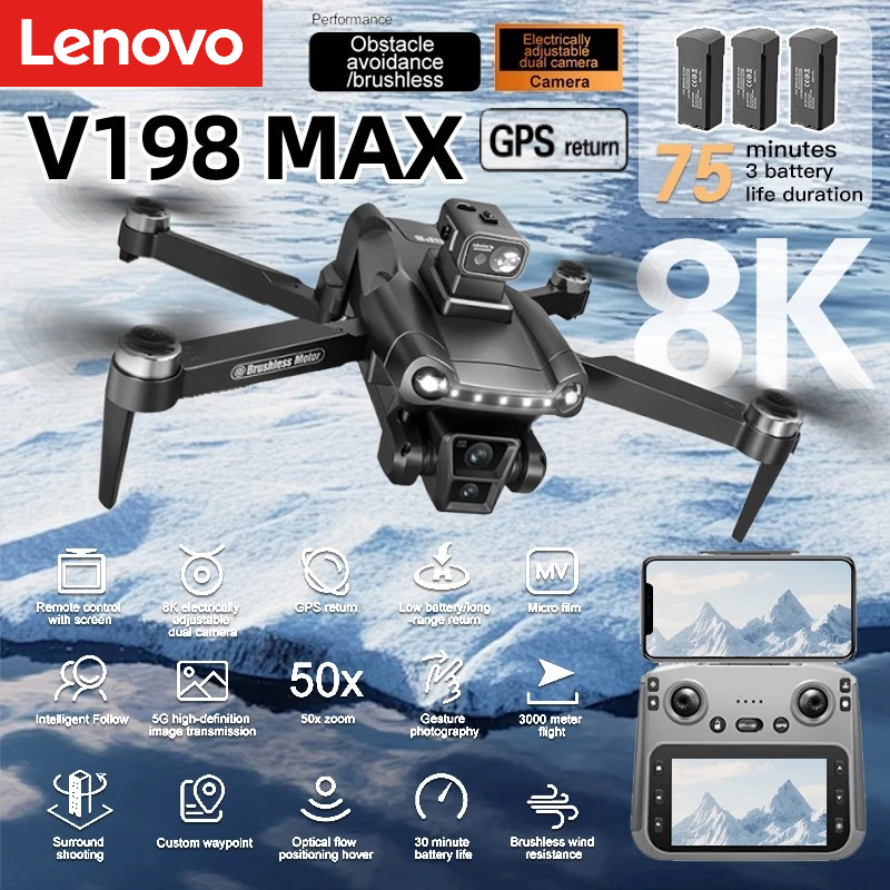 Lenovo V198MAX GPS ドローン 8K プロフェッショナルカメラ空中 FPV ブラシレーザー障害物大画面リモコン付き折りたたみドローン
