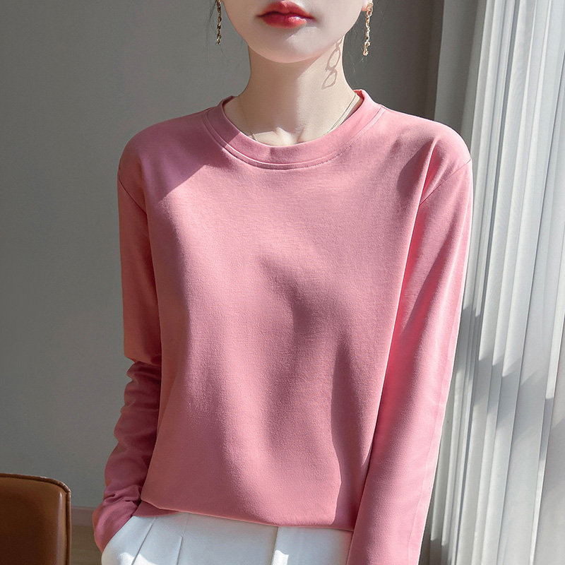 春と夏の新シルケットコットン長袖 Tシャツ女性のラウンドネックルーズ綿 100% 底入れ Tシャツ