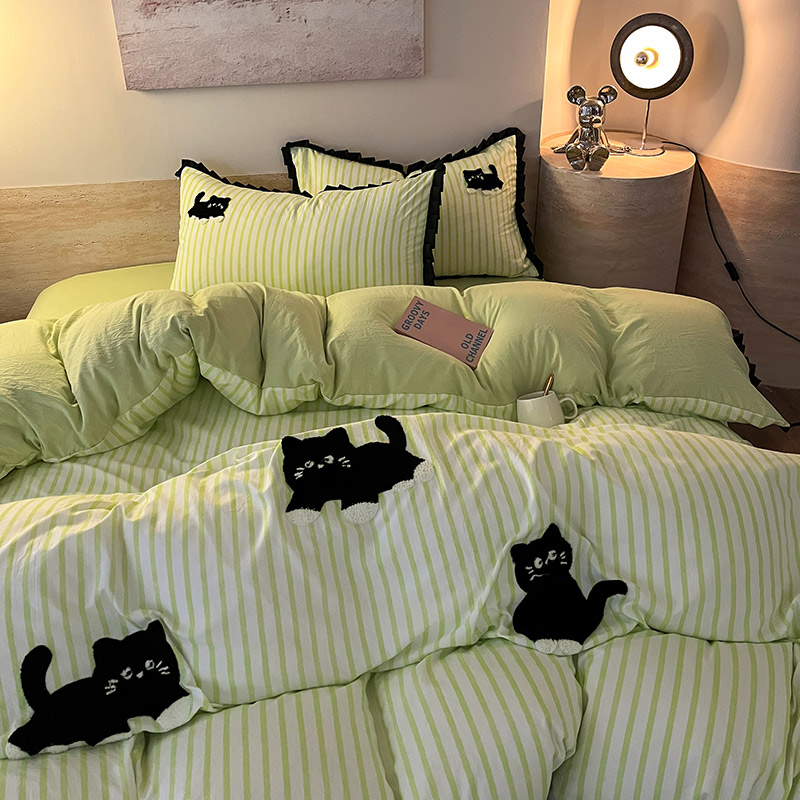 ライトグリーンストライプ黒猫寝具セットかわいい 3D 刺繍ソフト洗浄綿布団カバー枕カバーツインクイーンキングサイズ