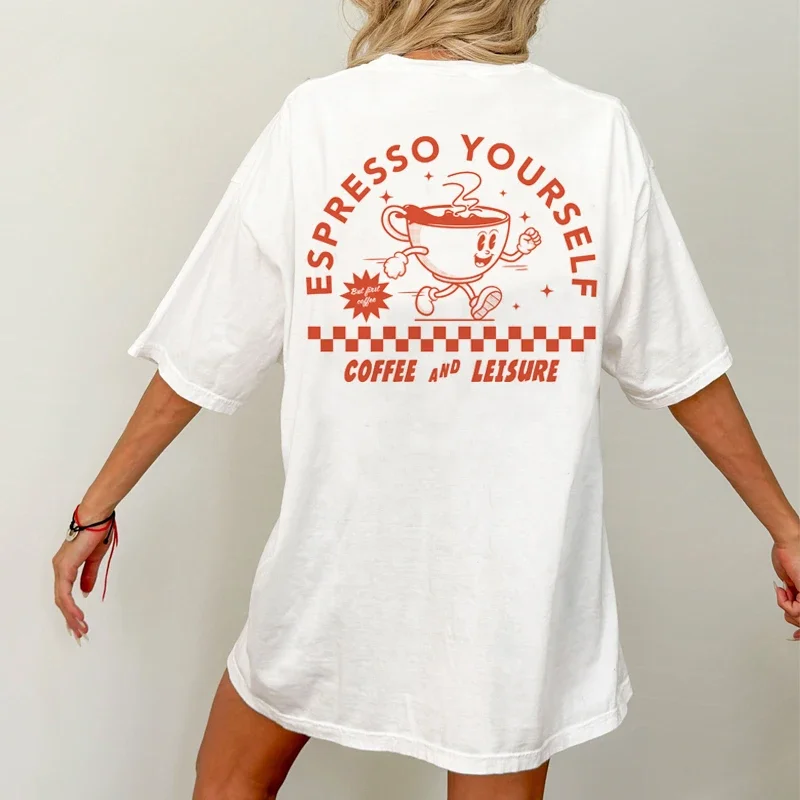 プラスサイズの女性レトロ面白いコーヒー Tシャツエスプレッソ自分バックプリントストリートグラフィックトップスユニセックスかわいいカフェイン Tシャツ