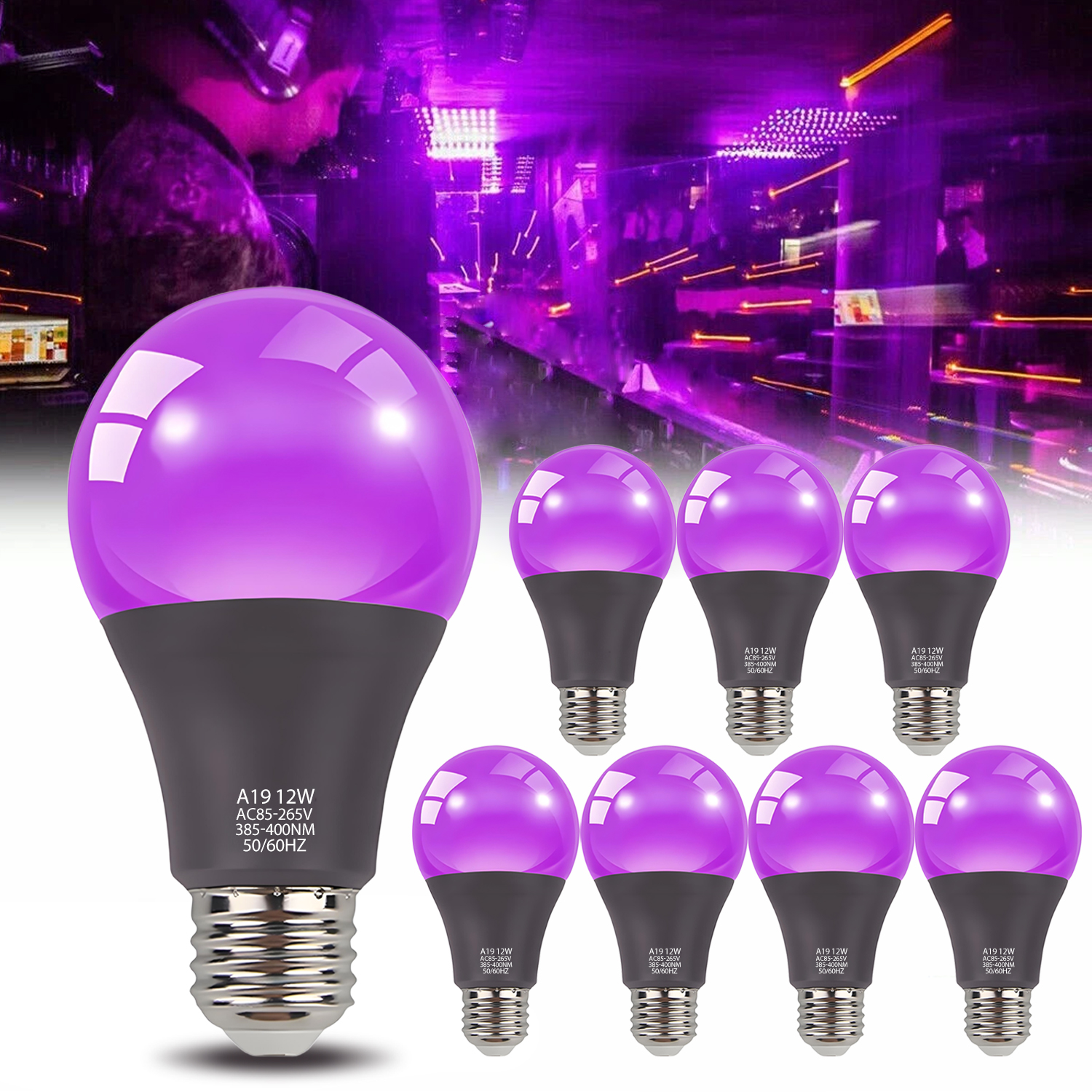 E27 LED UV ブラック電球 A19 12 ワットパープルブラックライト UVA 385-400nm 暗闇で光るブラックライトマスカレードパーティー用