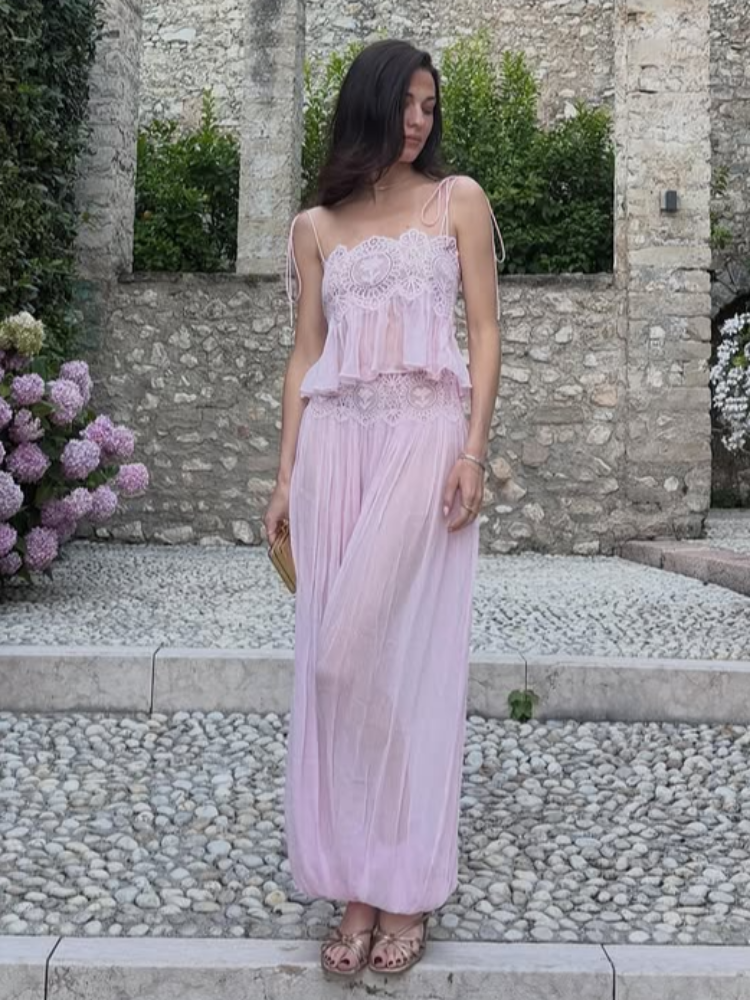 女性花レース薄手の層スカートセットスパゲッティストラップフリルクロップトップハイウエストマキシスカート 2026 夏のビーチ女性の衣装