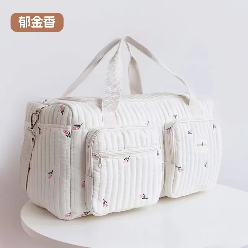 ベビーおむつバッグかわいいクマの花の刺繍パターンママバッグベビーベージュ綿生地ジッパーおむつハンドバッグ新しい荷物バッグ