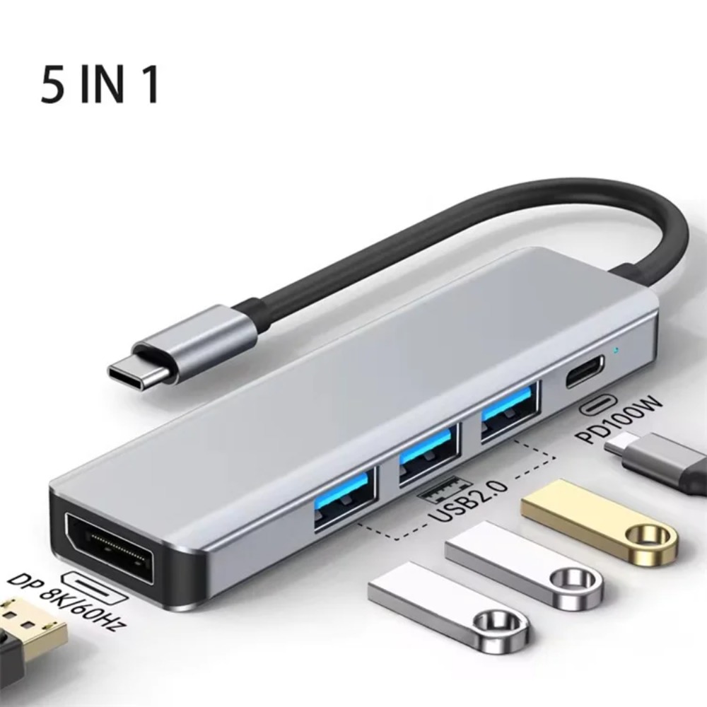USB-C - DP 8K@60Hz / 4K@120Hz アダプター 100W PD 高速充電 3 ポート USB 2.0 ハブ 5-in-1 ノートパソコン用ポータブル Type-C ドック