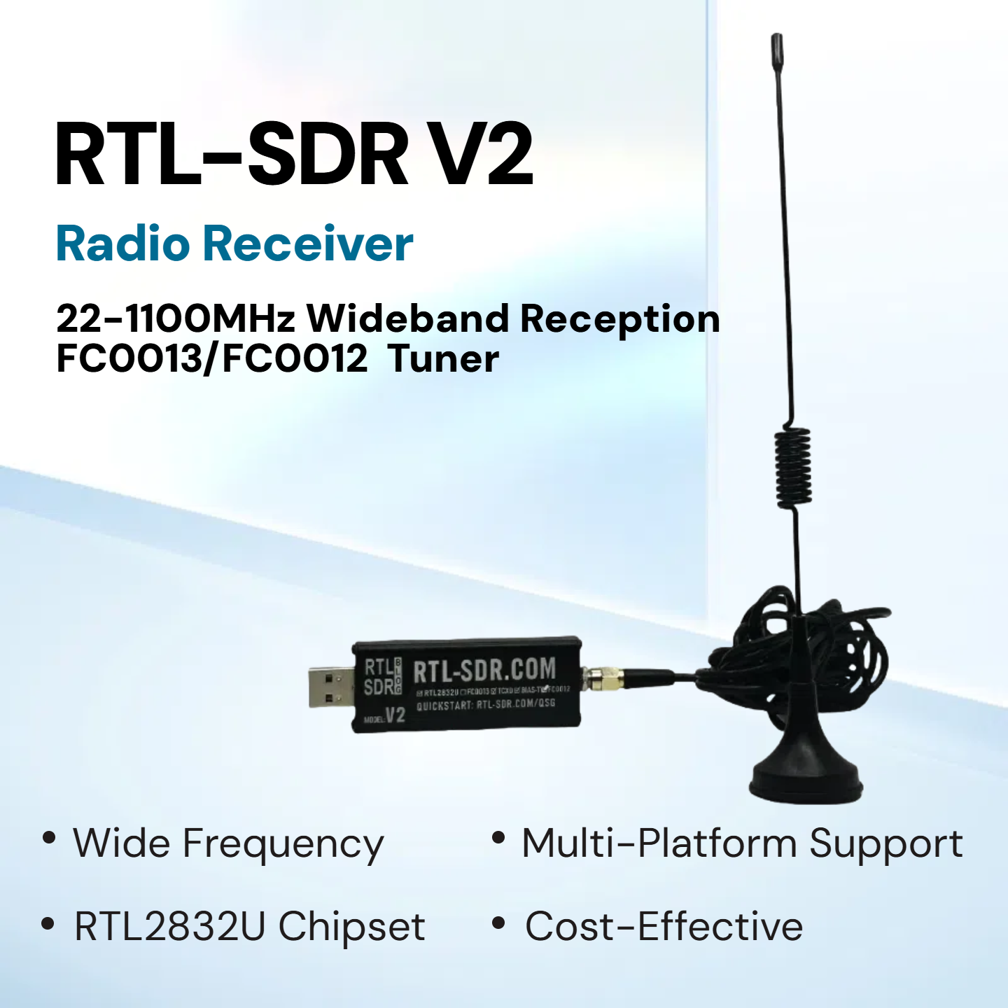 RTL-SDR V2 USB ソフトウェア無線受信機、FC0013 チューナー付き、22 ～ 1100MHz 広帯域、ADS-B/AIS デコード、SDR と互換性あり