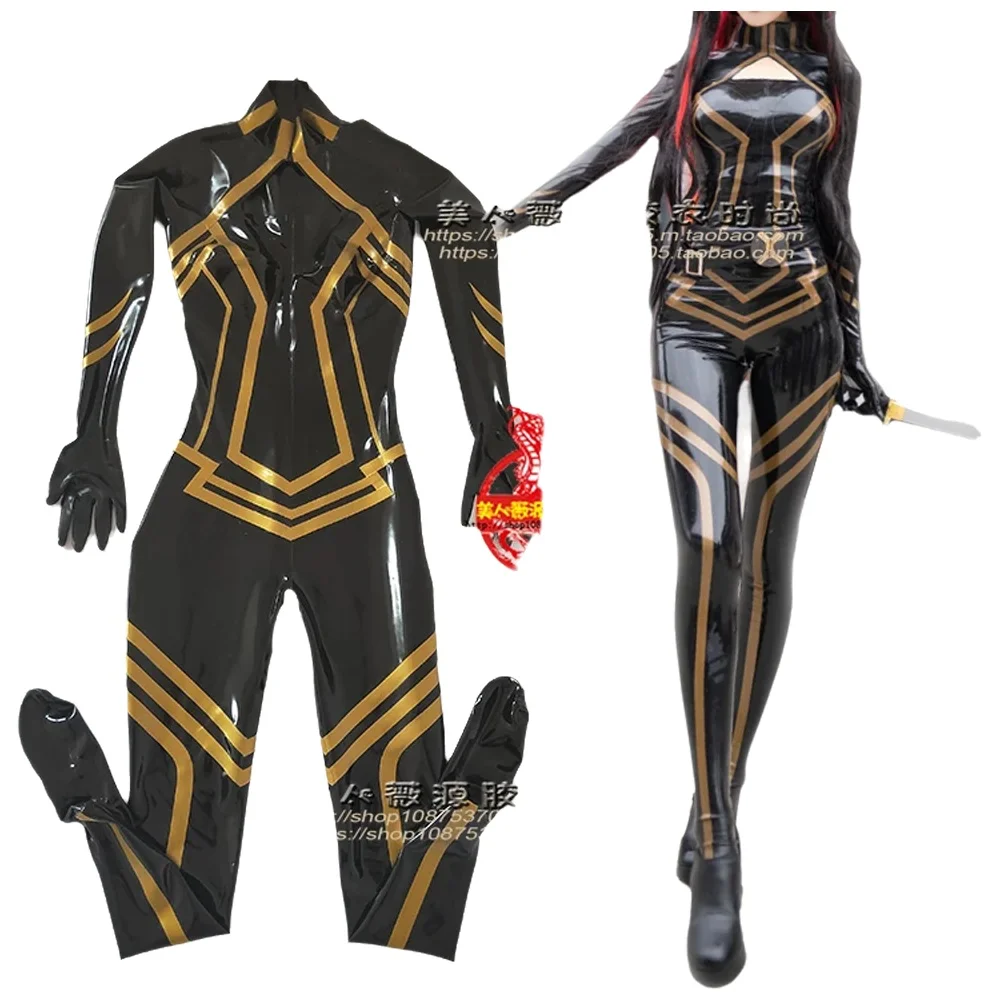 黒とゴールドのスプライスフルラテックスキャットスーツラバーボディスーツコスプレ手袋靴下