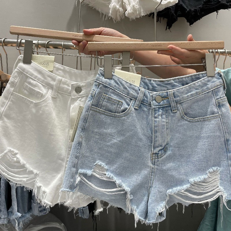 破れたルーズAラインデニムショートパンツ女性のお気に入りハイウエストワイドレッグカジュアル快適な春夏ジーンズ綿生地