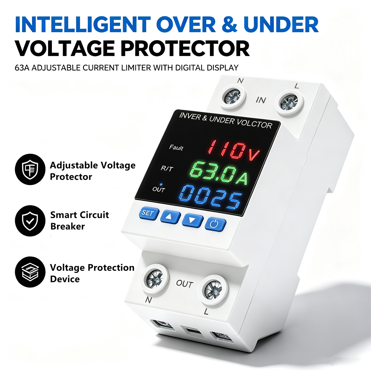 63A 210V 300V Din レール調整可能な過電圧および不足電圧保護装置プロテクターリレー過電流保護制限