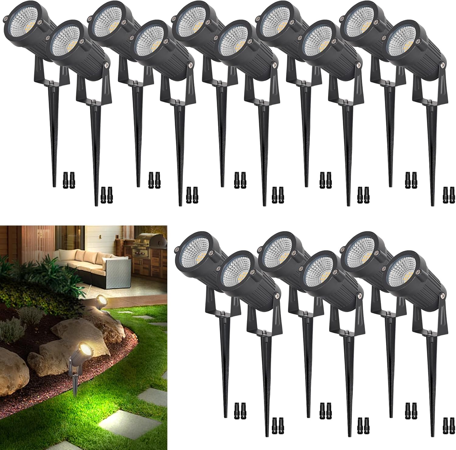 (16パック) 5W 低電圧景観ライト LED 芝生ランプ コネクタとスパイクスタンド付き、12V 24V スポットライト 庭 ガーデン パスウェイ