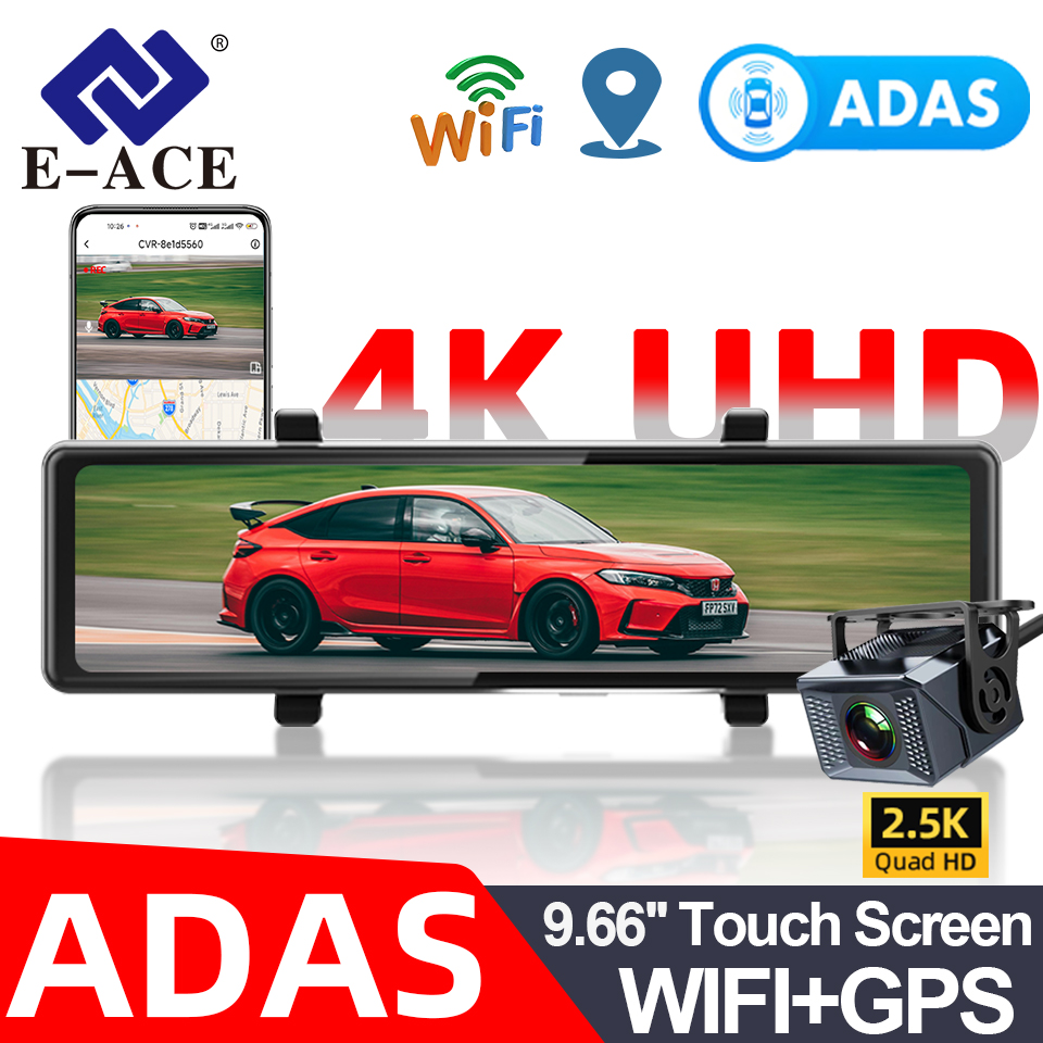 E-ACE 4K ダッシュカムミラー 12 インチカービデオレコーダーサポート 2.5K 防水リアカメラ ADAS WIFI GPS ブラックボックスダッシュカム