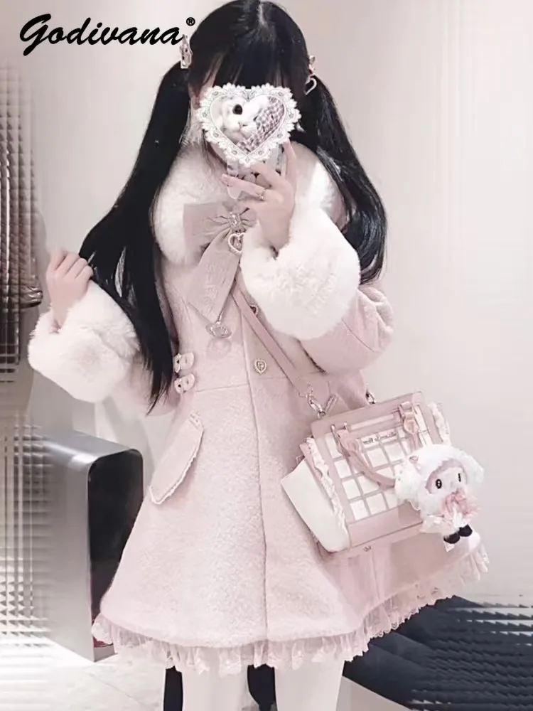 冬の新和菓子弓スリムミディアムロングウールコートフェイクファー襟ロリータガール女性のピンク白ウールジャケットオーバーコート
