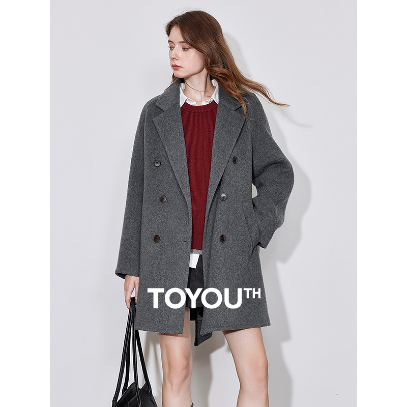 TOYOOUTH 女性ウールコート 2024 秋冬新ノッチショールカラーダブルブレストボタンウール両面スーツコートジャケット