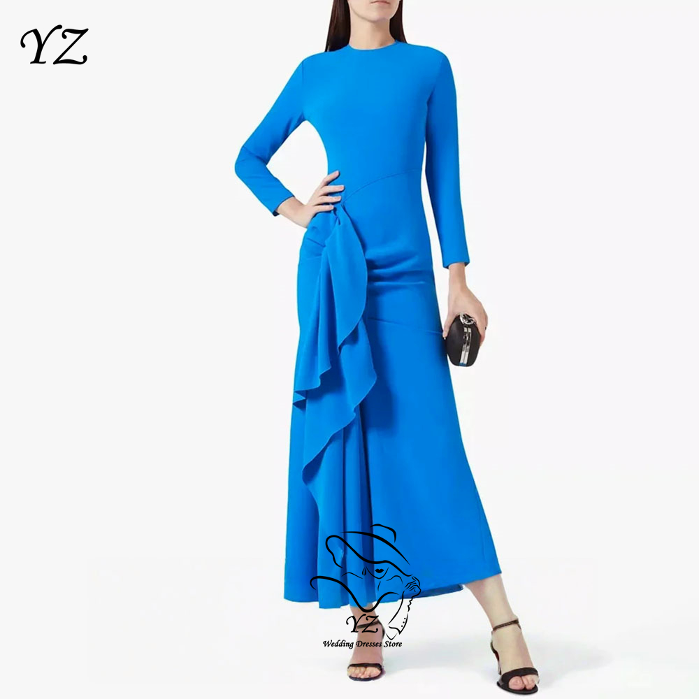 YZ カスタマイズされたフォーマルイブニングドレスマキシマーメイド O ネックブルーパーティードレス女性のための 2026 長袖プリーツ足首丈プロムドレス