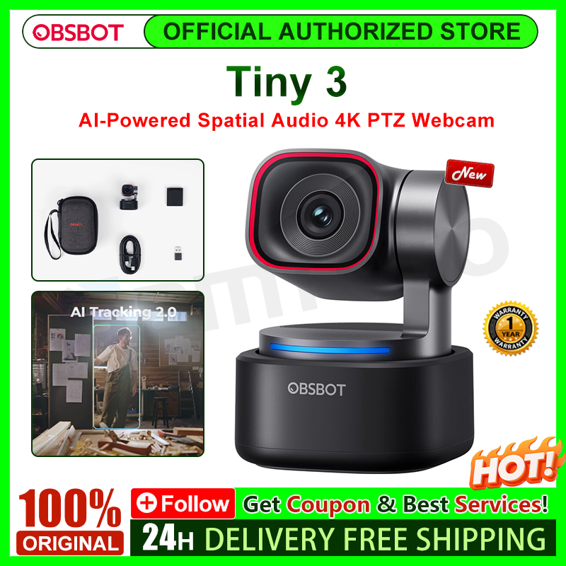 新しい OBSBOT Tiny 3 AI 搭載空間オーディオ 4K PTZ ウェブカメラ、4 倍ズーム付きコンパクト 4K USB PTZ ウェブカメラ