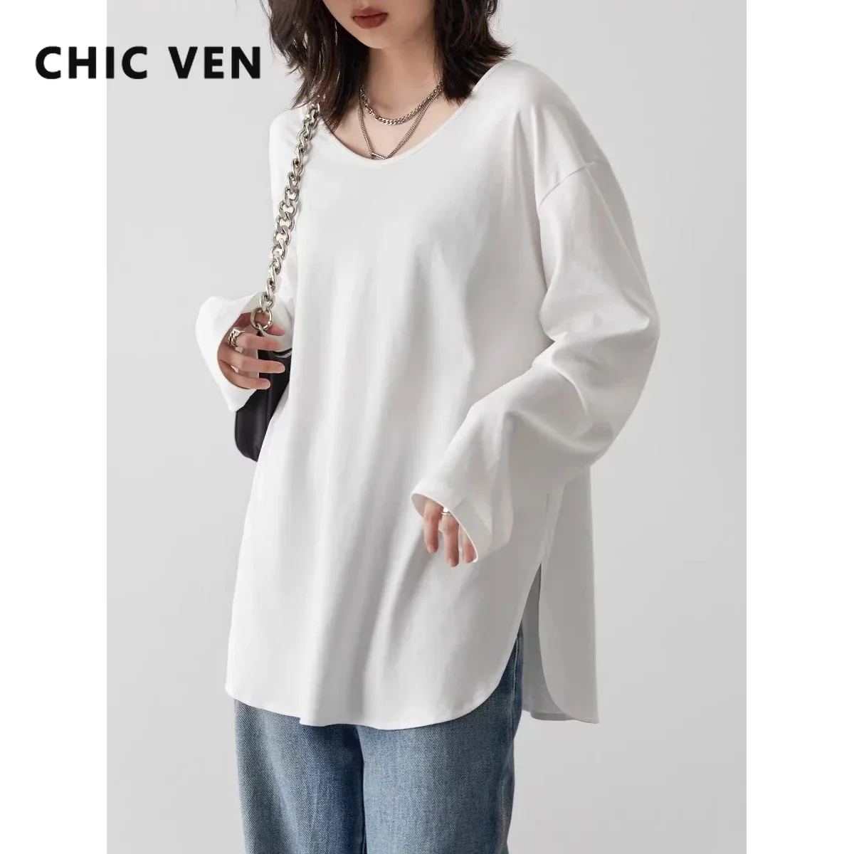 シック VEN 女性 Tシャツルーズカジュアル U ネック長袖女性 Tシャツ分割底女性トップ婦人服秋春 2023
