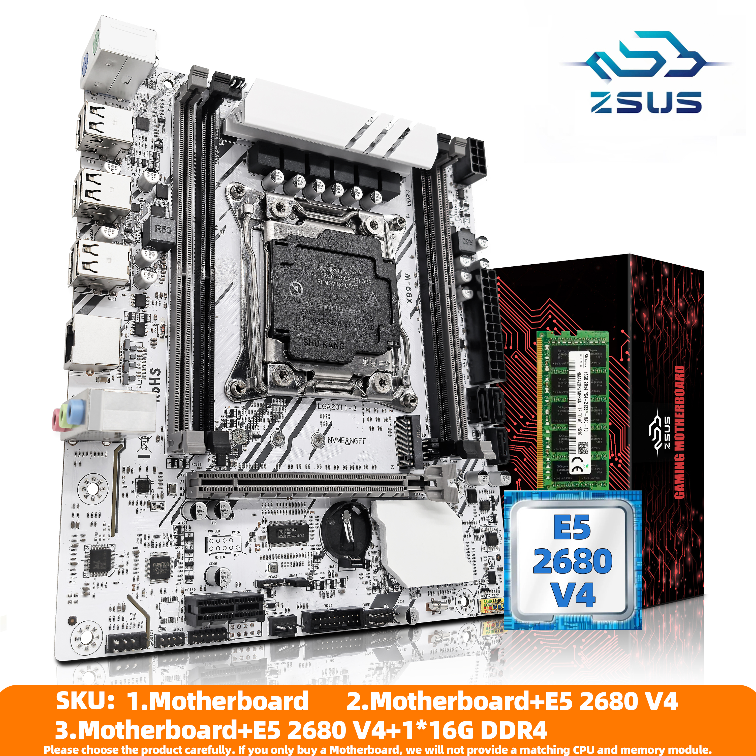 ZSUS X99-W マザーボードセットキット LGA2011-3 Xeon E5 2680V4 CPU DDR4 16GB (1*16GB) 2133MHZ RAM メモリ NVME M.2 SATA