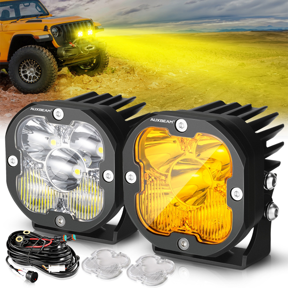 AUXBEAM 3 inch LED Work Light Pods 3000K Amber & 6500K White Spot / Flood / Combo Offroad LED Fog Driving Lamp for Truck SUV 4WD