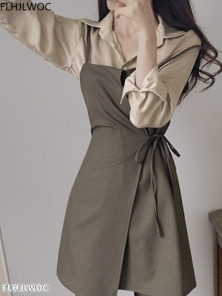 シックなかわいいドレス 2022 2 2 ピース衣装スーツ女性長袖シングルブレストボタンシャツドレス Fenimine Vestidos 2683