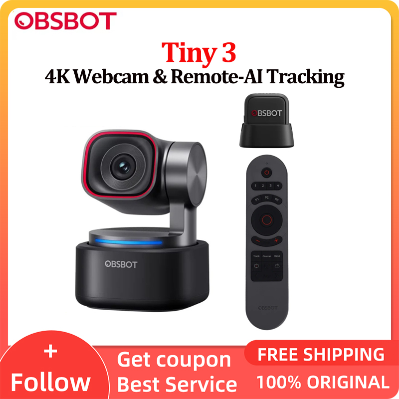 OBSBOT Tiny 3 4K ウェブカメラ AI 搭載空間オーディオ、1/1.28 インチセンサー付き AI トラッキング PTZ カメラ、トライマイク、音声