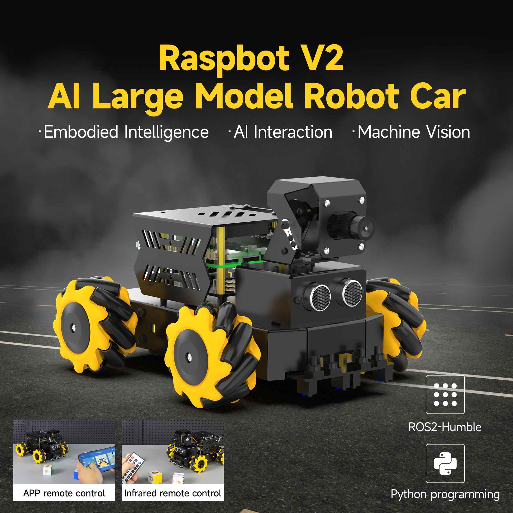 Yahboom 4WD Raspbot V2 AI 大型モデルロボットキット Raspberry Pi 5 初心者教育プロジェクト ROS2-Humble Python プログラミング用