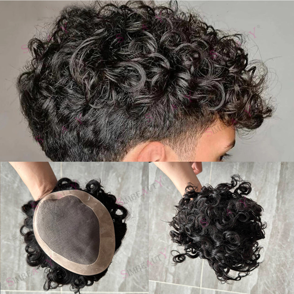 20mm カーリーカツラ 男性用 8インチ x 6インチ ユーロバージン人毛交換システム メンズ ヘアピース モノレーストップ 周りに耐久性のある PU