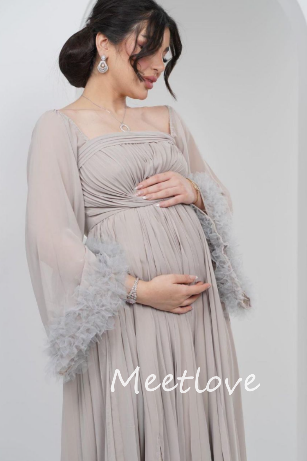 カスタマイズされた 2024 カスタマイズサウジアラビア妊婦 A ラインストラップレス長袖シフォンウエディングドレス特別な日のガウン