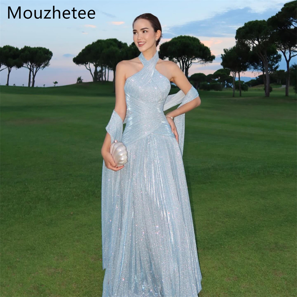 Mouzhetee 光沢のある A ラインホルタープリーツノースリーブイブニングドレスフォーマルパーティードレス女性のためのシンプルなウエディングドレスカスタマイズ 2026