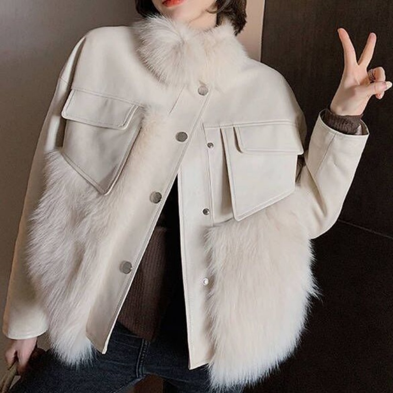 秋冬ファッションミンクファーパッチワークジャケット女性ハイストリート Pu レザーコートカジュアルポケットシングルブレストショートアウター