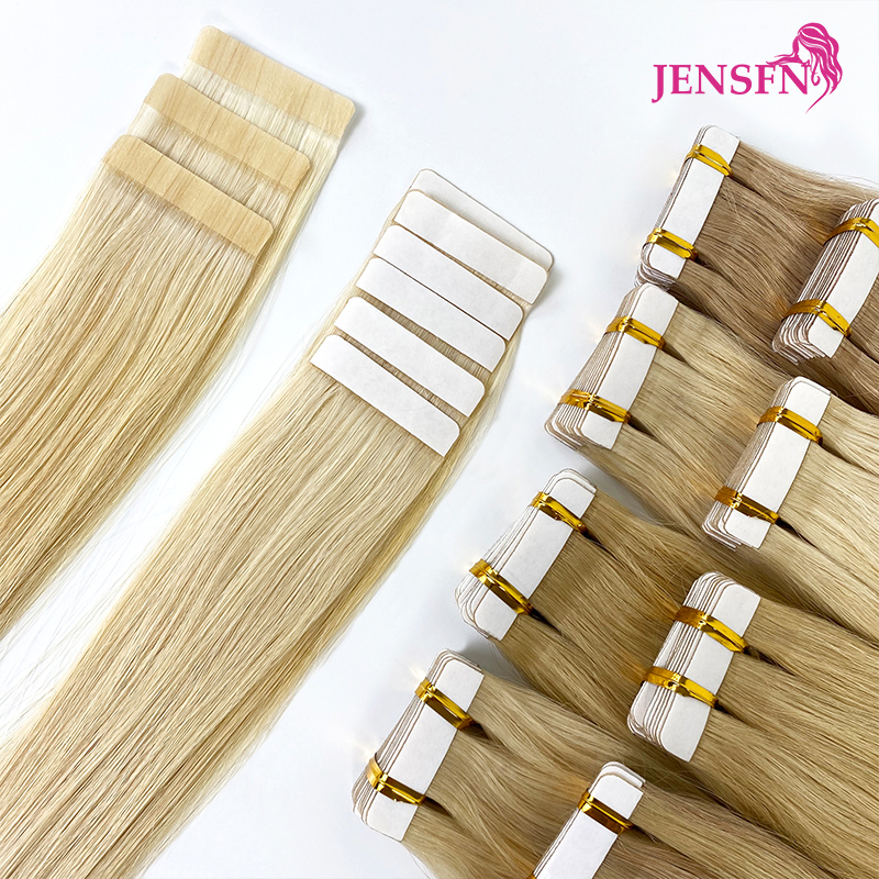 JENSFN テープでヘアエクステンション本物の人毛ストレートナチュラルヘアシームレスインビジブルスキン横糸レミーテープインブラウンブロンド