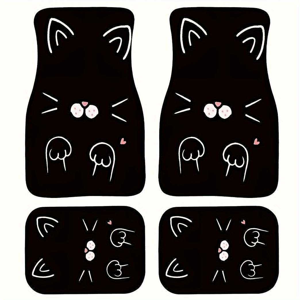 4 個フィットかわいい漫画の猫プリント車のフロアマット、フロントとリアシートの全天候型ライナー保護ほとんどの車、セダン、SUV、バンに適用