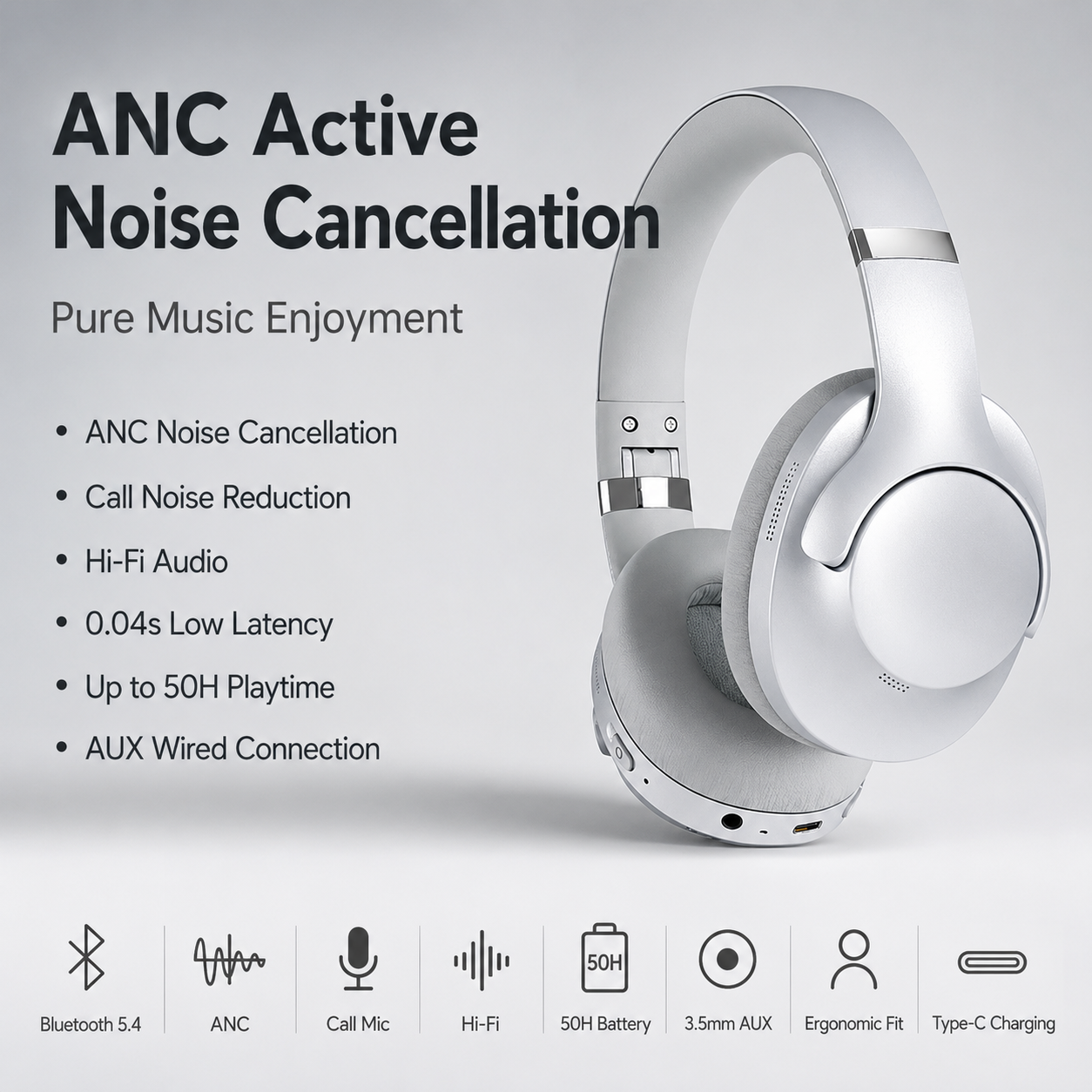 ANC ノイズキャンセリングヘッドフォン Bluetooth イヤホンオーバーイヤーワイヤレスヘッドセット HiFi ステレオ 50 時間再生時間 0.04 秒遅延 AUX 通話