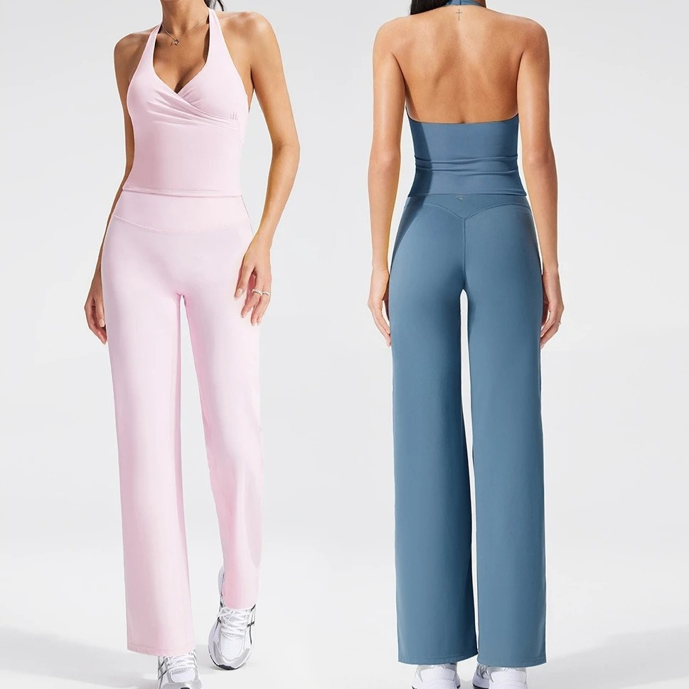 C-B 女性 2 個ヨガセットホルター V ネックバックレストップ内蔵ブラジャーハイウエストストレートレッグパンツストレッチジムピラティススポーツウェア