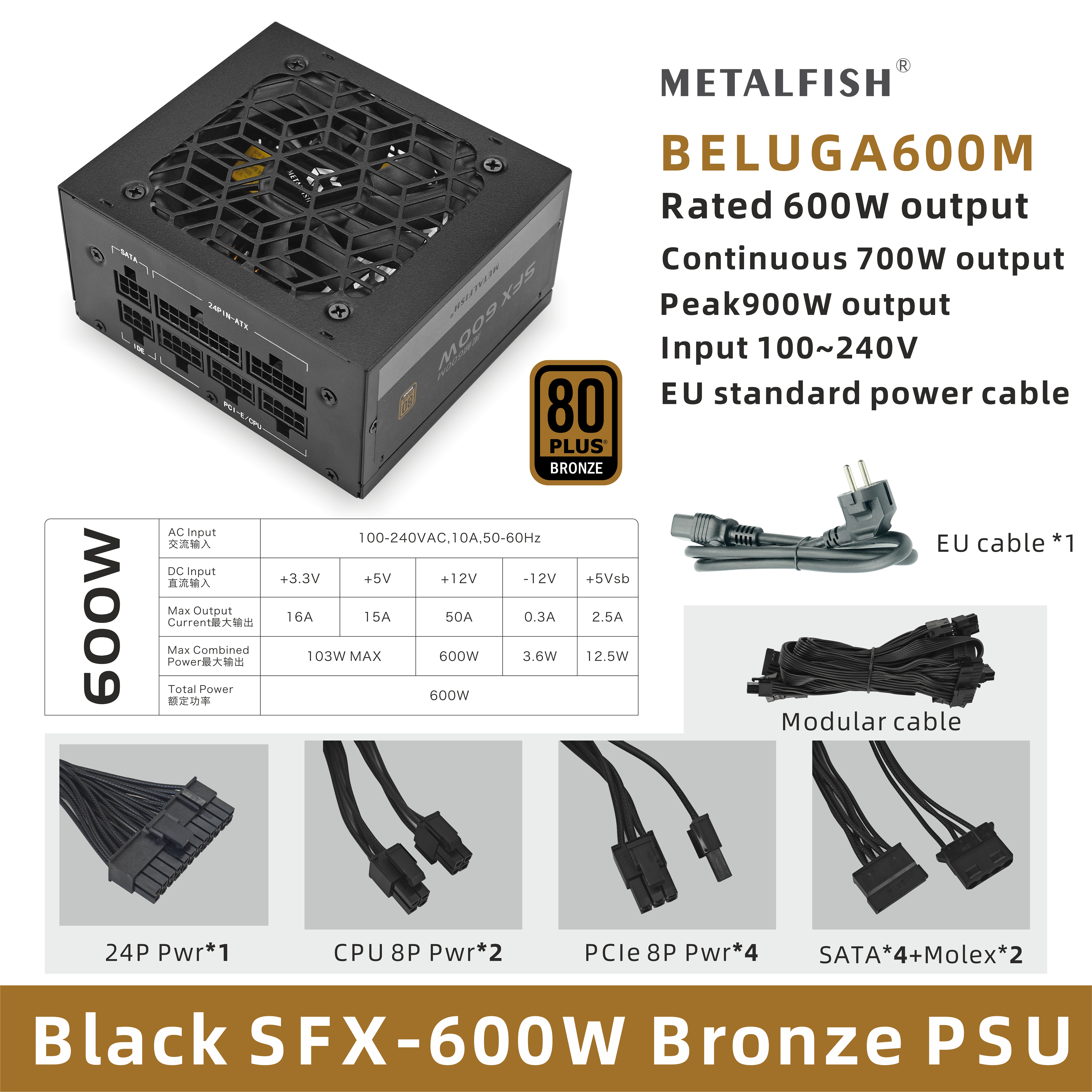 METALFISH SFX 80Plus Bronze 500/600W PSU ブラック フルモジュラー電源ユニット Mini ITXシャーシ小型コンピュータケース用 100/240V入力