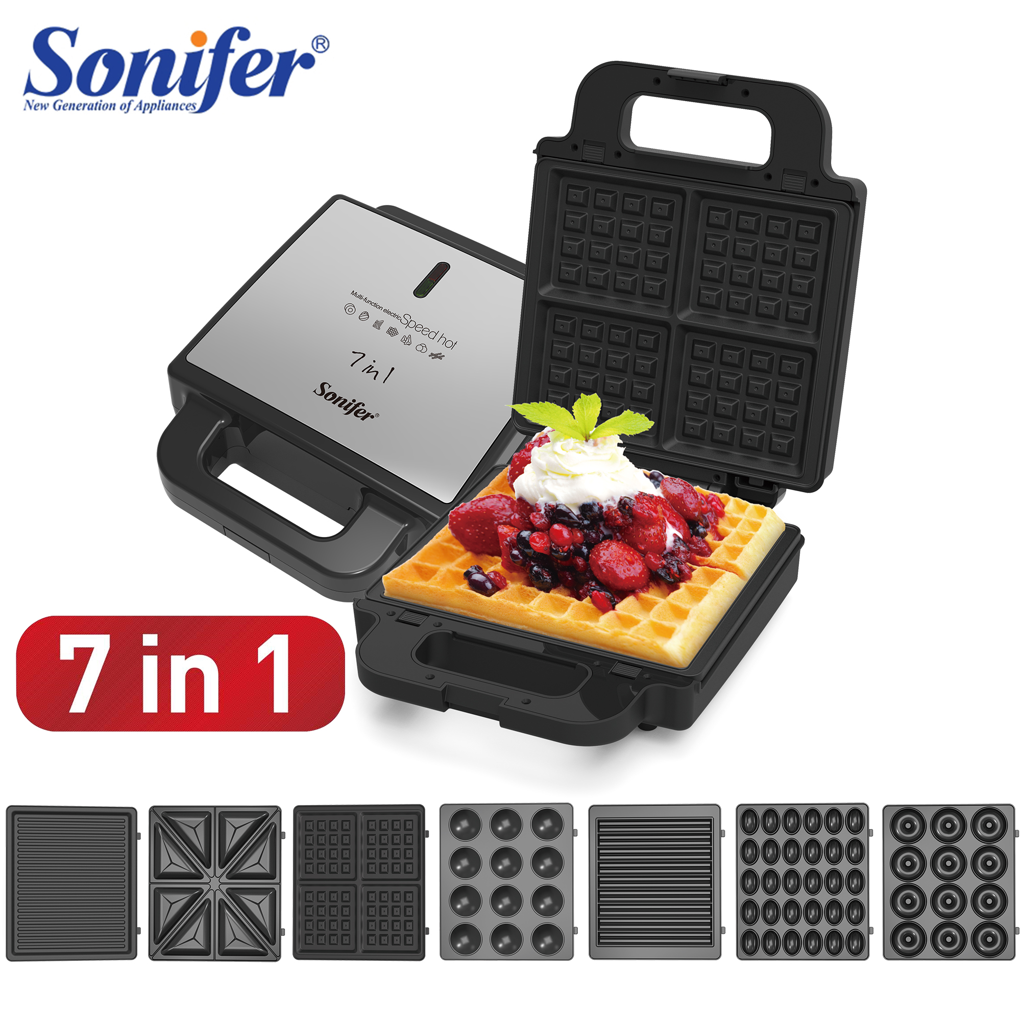 7 1 ワッフルメーカー電気サンドイッチマシン調理家電パンマシンケーキ朝食ワッフルポットベーキングパン Sonifer