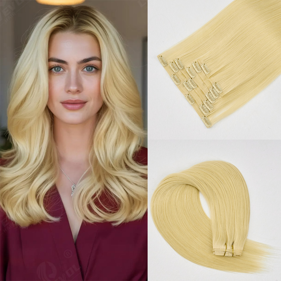 7 個ヨーロッパレミーヘアクリップイン 14-22 インチ 110 グラム黒茶色ゴールデンブラウンハイライトハード目に見えない PU 編組横糸本物の人間の Ha