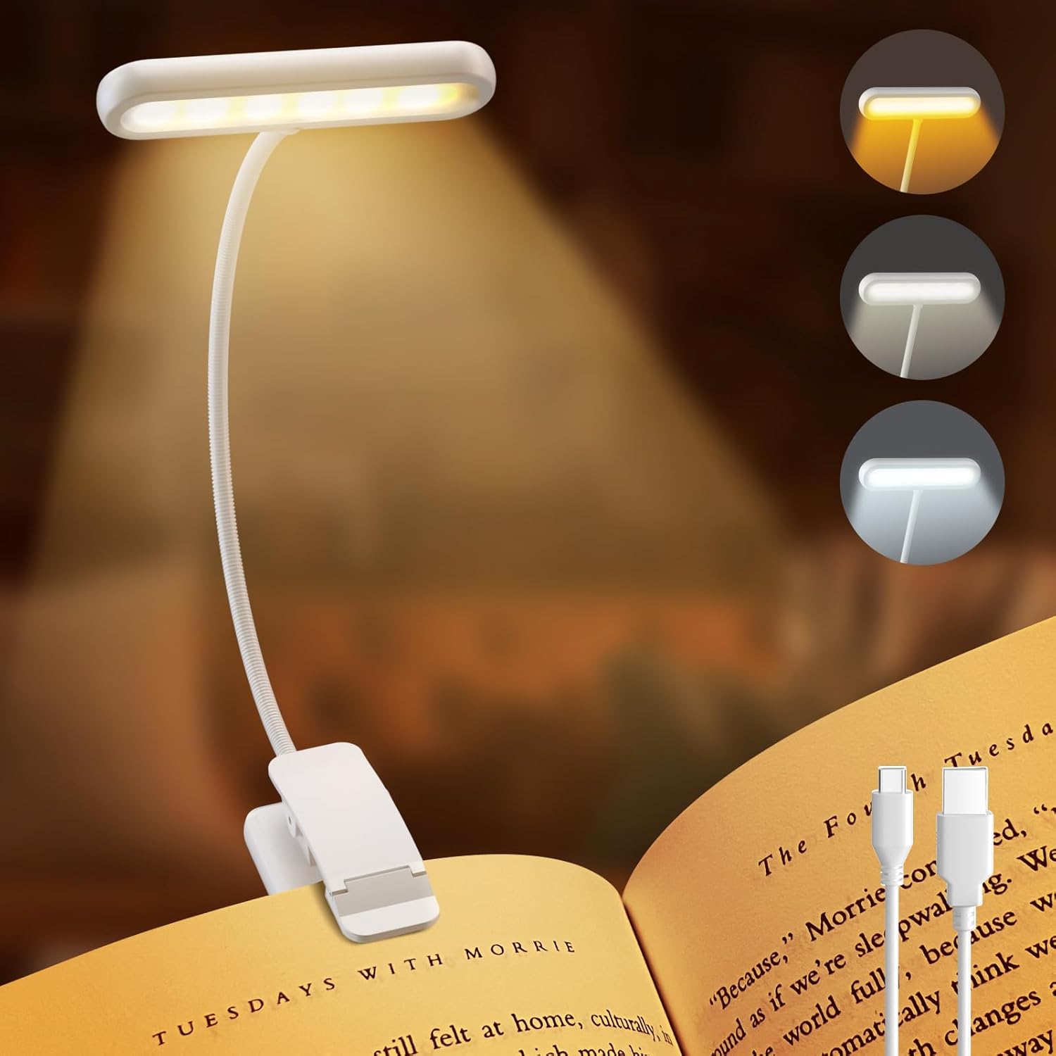 ホワイトブックライト USB 充電式読書灯ウォームクールホワイト昼光ポータブル柔軟な簡単クリップ夜間読書ランプ