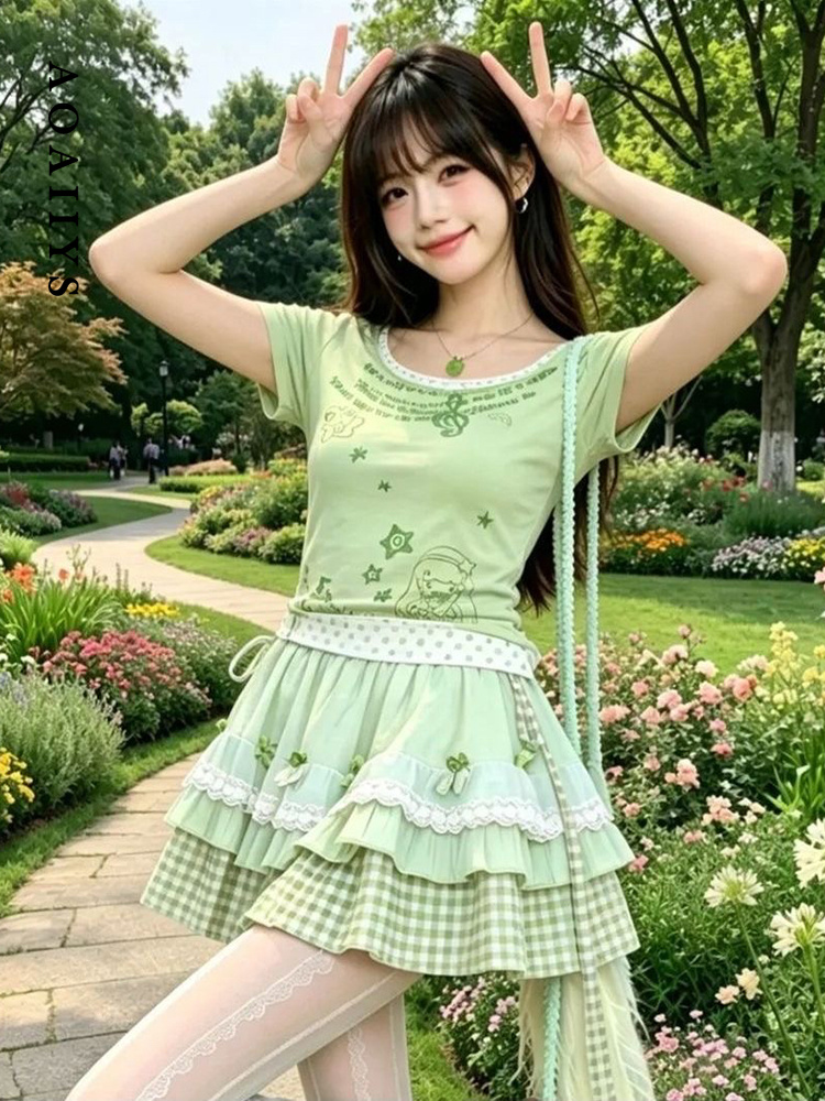 Aoaiiys 2 ピーススカートセット女性 Y2k ハイウエストスカート半袖 Tシャツ甘い夏日本のシックなグリーンチェック柄スカートセット