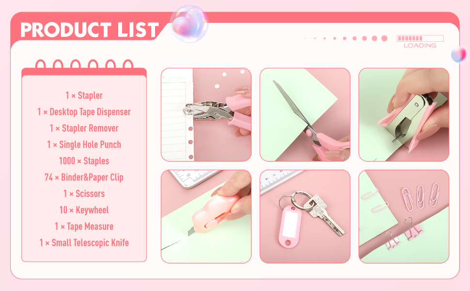 Bview Art 10 Piece Pink Tape Remover Dispenser Paper Clips Scissors Desk Accessory Kit for Office Desk Accessories