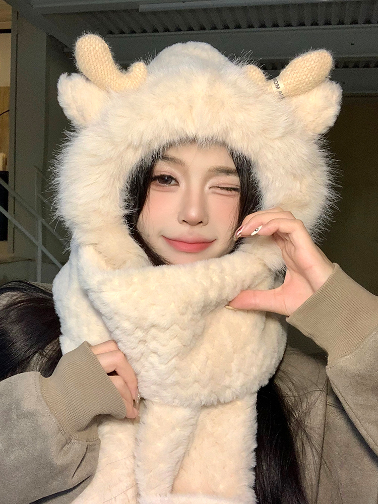 New Hat Woman Winter Three Piece Set Cute Plush Hooded Scarf One Warm Gloves Collar for Women