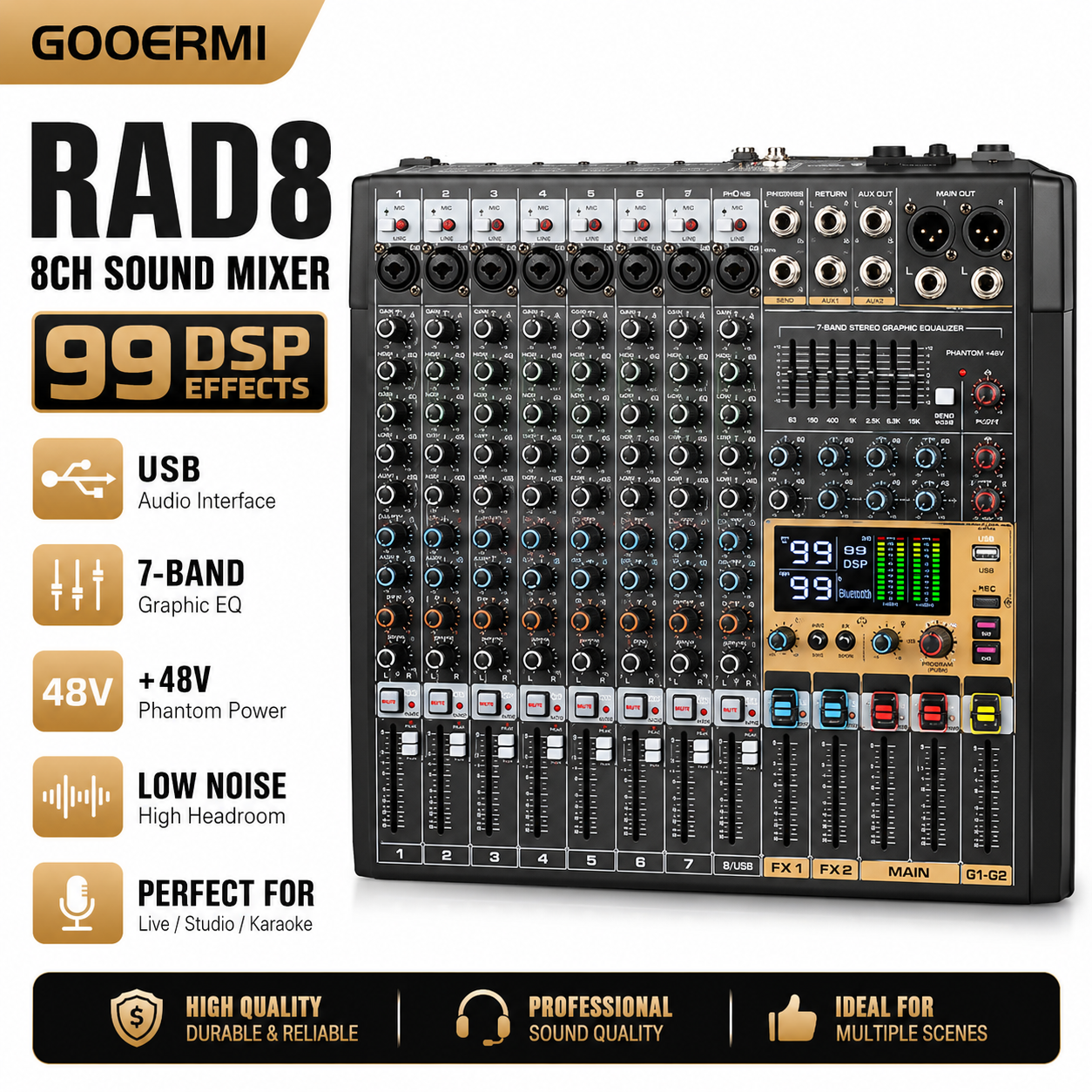 GOOERMI RAD シリーズ USB オーディオ ミキサー マルチチャンネル ミキシング コンソール 99 DSP エフェクト 7 バンド EQ スタジオ録音用 48V ファンタム電源