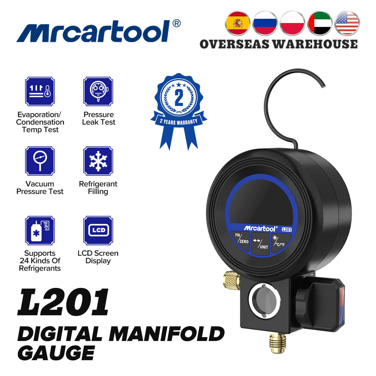 MRCARTOOL L201 デジタルマニホールドゲージキット R134a HVAC 真空圧力テスターツール空調冷媒リーク PK テストー